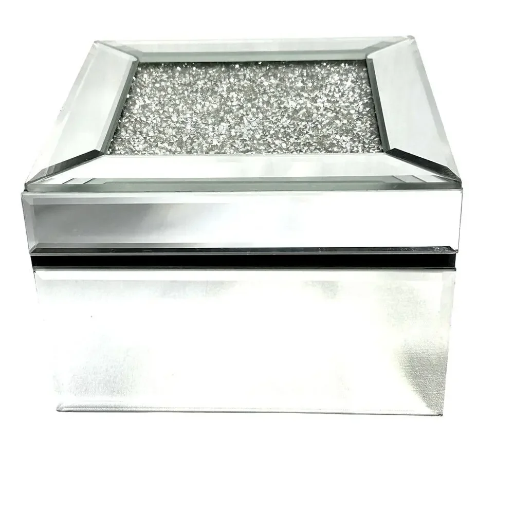 Mirrored Beveled Trinket Jewelry Box Sparkling Rhinestone Top-Velvet Lined